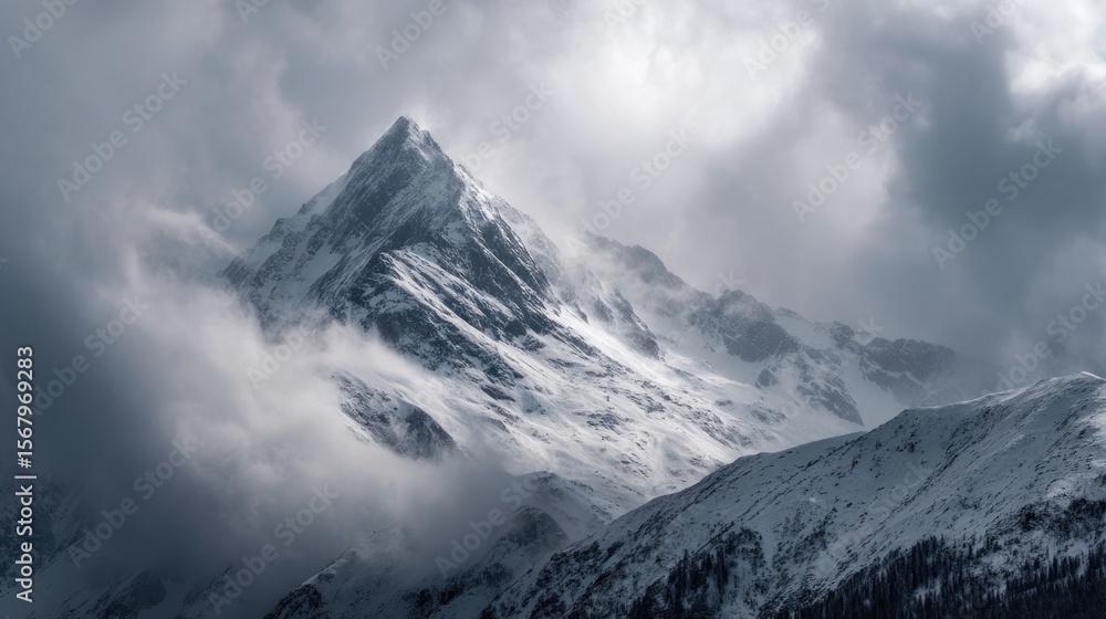 Obraz premium Majestic snow mountain peak shrouded in mist and clouds