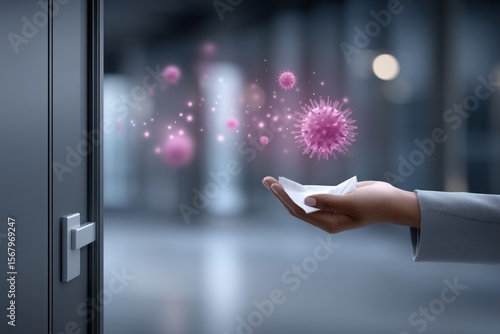 Hand holding a tissue, virus particles dispersing, doorway