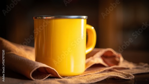 Bright Yellow Enamel Coffee Mug with Stainless Steel Rim on Rustic Burlap Fabric - Cozy Morning Coffee Lifestyle Photography with Warm Natural Light