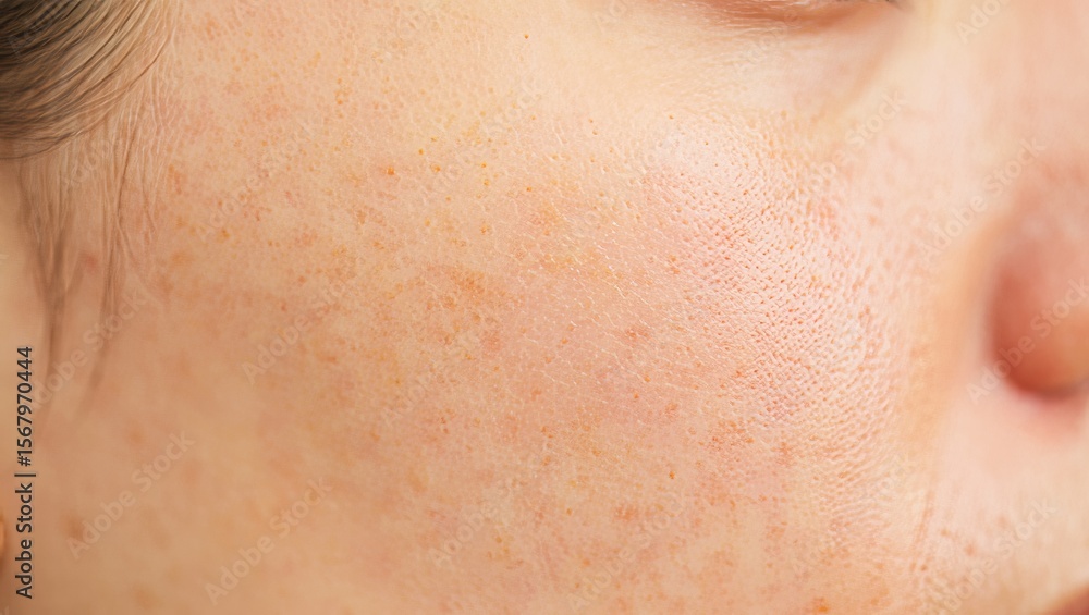 Close-up macro shot of mature human facial skin showing natural aging process with freckles, age spots, fine lines, and visible pores on cheek area with blonde hair visible Close-up macro shot of mature human facial skin showing natural aging process with freckles, age spots, fine lines, and visible pores on cheek area with blonde hair visible