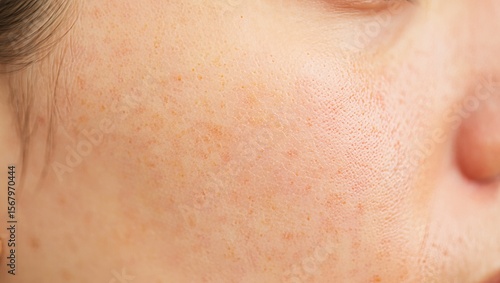 Close-up macro shot of mature human facial skin showing natural aging process with freckles, age spots, fine lines, and visible pores on cheek area with blonde hair visible