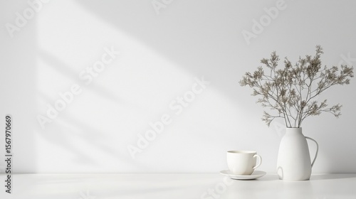 Minimalist White Still Life with Coffee Cup and Dried Plant Arrangement