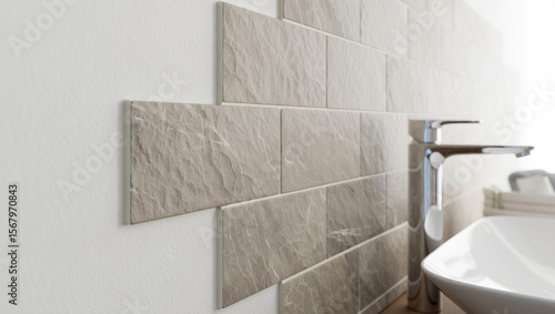 Modern Bathroom Interior with Natural Stone Tile Backsplash and Contemporary White Vessel Sink with Chrome Faucet