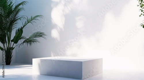 Luxury White Marble Product Display Pedestal with Tropical Palm Plant and Dramatic Natural Window Light Shadows