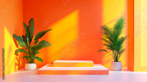 Modern Tropical Product Display Podium with Vibrant Orange Gradient Background