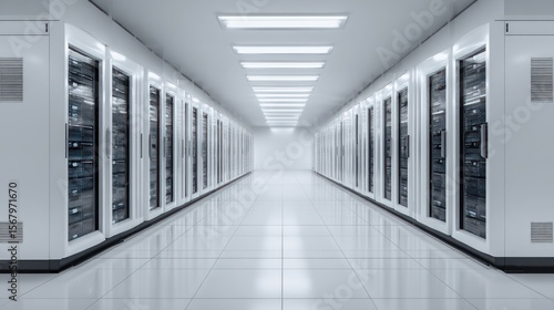 Modern data center server room corridor clean technology interior