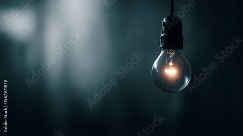 Glowing light bulb hanging in a dark room