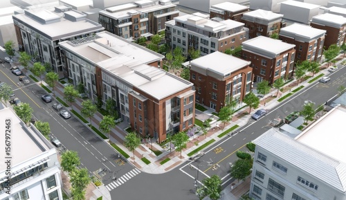 Aerial view of a modern urban development, featuring interconnected buildings, roads, and green spaces
