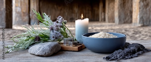 A still life featuring a bowl of rice, a candle, dried flowers, a stone, and crystals on a weathered wooden surface