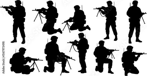 vector silhouette of army military with machine guns on white background . Generative AI
