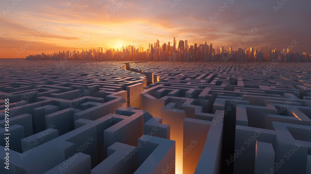 Fototapeta premium Cityscape maze sunset path to urban challenges solution