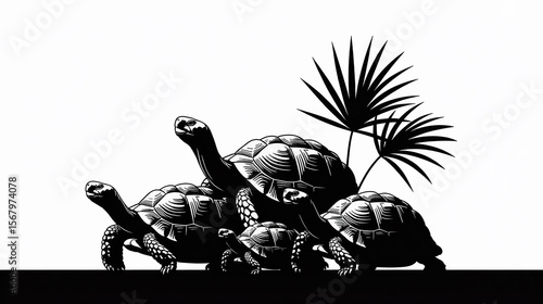 Galapagos Tortoise Family  A Black and White Illustration of Giant Tortoises and Palm
