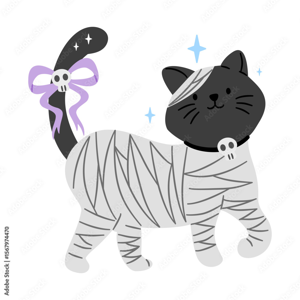 Fototapeta premium Cute Halloween mummy cat with a skull collar and bow, isolated on white. Perfect for spooky yet adorable designs