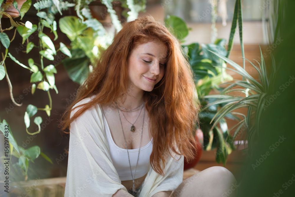 A soft, natural portrait photograph of a young woman with flowing auburn hair sitting in a garden setting. She is wearing a white crop top and a light-colored flowing cardigan. A soft, natural portrait photograph of a young woman with flowing auburn hair sitting in a garden setting. She is wearing a white crop top and a light-colored flowing cardigan.