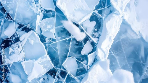 Cracked Ice Background: An aerial, top-down view of a frozen surface with cracked and broken blue ice. The shattered pieces create a beautiful, cold, abstract winter pattern and texture.