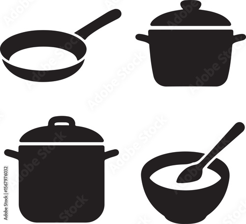 Essential Kitchen Cookware Icons Pots, Pans, and Bowls