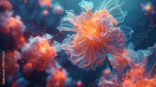 Bioluminescent jellyfish bloom underwater. Abstract aquatic life glows in deep sea hues. Ideal for marine science visuals, fantasy artwork, or digital design.