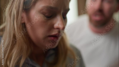 Family argument breakup sad Caucasian couple quarrel conflict in bedroom crying woman upset wife close up marriage divorce mad furious man screaming husband arguing yell relationship morning trouble