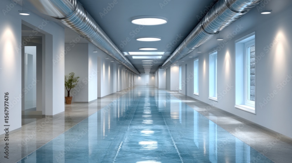 Fototapeta premium Modern, light-filled hallway with reflective floor