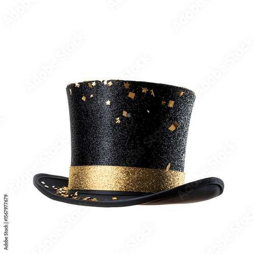 Sparkling black top hat adorned with a gold ribbon and scattered gold confetti isolated on transparent background
