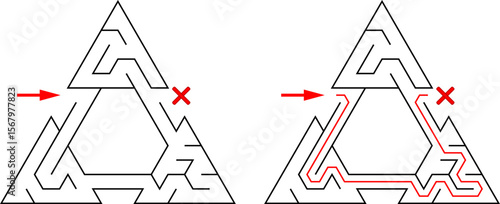 Three triangles tied with passageway. Easy level of difficulty triangular labyrinth with solution. Black and white vector puzzle for kids and parents