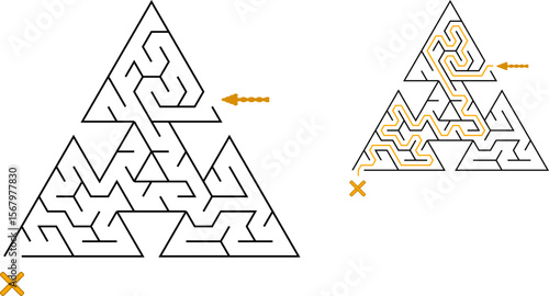 Three triangles tied with passageway. Easy level of difficulty triangular labyrinth with solution. Black and white vector puzzle for kids and parents