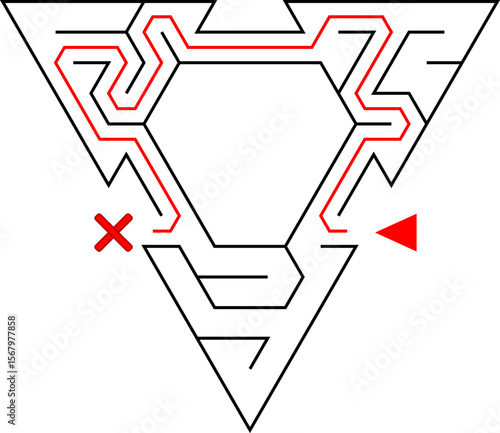 Three triangles tied with passageway. Easy level of difficulty triangular labyrinth with solution. Black and white vector puzzle for kids and parents