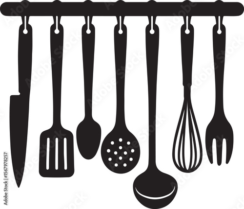 Elegant Kitchen Utensil Rack Silhouette  A Set of Eight Essential Cooking Tools