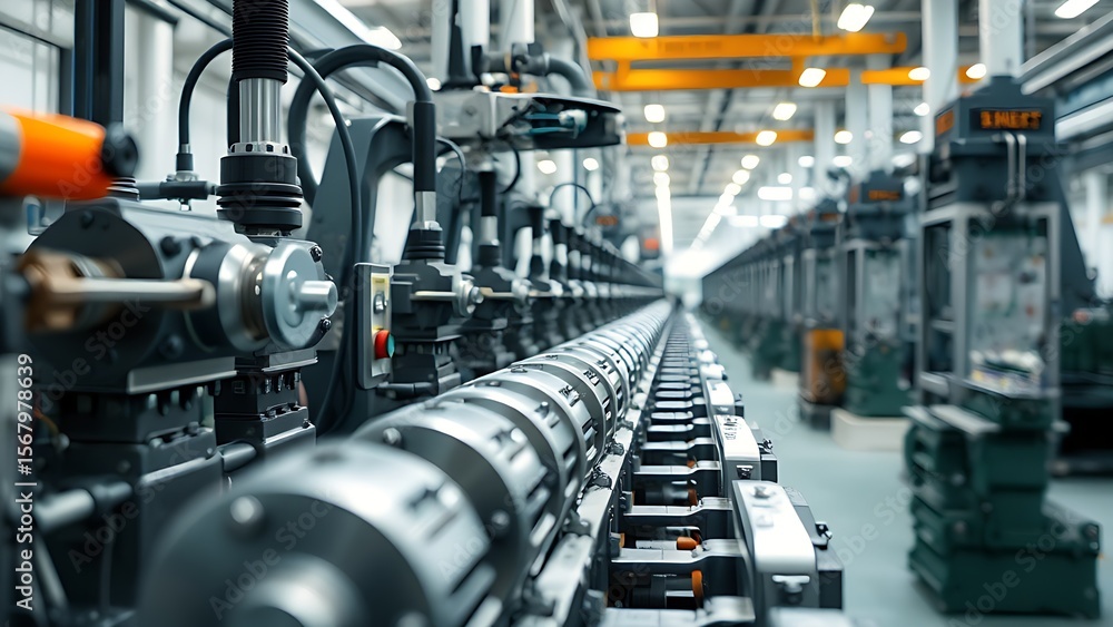 Fototapeta premium Modern assembly line with precision machinery in a clean, well-lit factory setting.