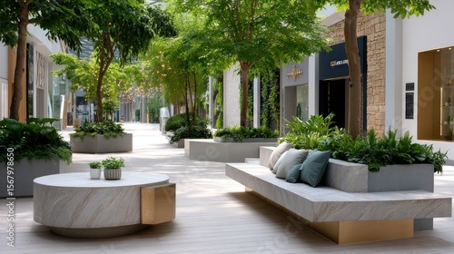 Outdoor mall pathway with trees, benches, and planters