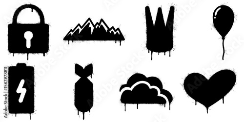 Graffiti Icon Collection Black Spray Paint Symbols on White Background. includes a padlock, mountains, crown, balloon, battery, bomb, clouds, and heart.