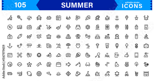 Summer Icon Set Featuring Beach, Sun, Vacation, Travel, and Fun Activities in a Fresh, Minimalist, and SEO-Friendly Vector Design