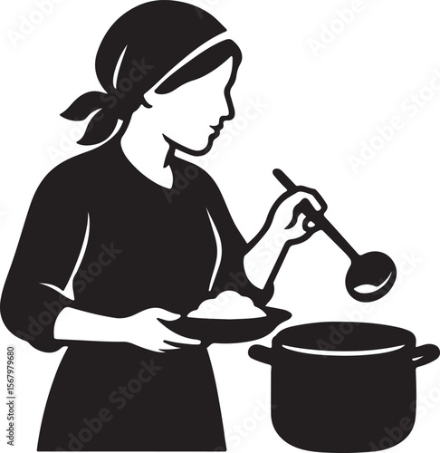 Woman Cooking Delicious Food in Pot, Simple Line Art Illustration
