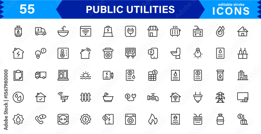 Public Utilities Icon Pack, Modern, Scalable Line Art for Water, Electricity, Waste Management & Public Services. Public Utilities Icon Pack, Modern, Scalable Line Art for Water, Electricity, Waste Management & Public Services.