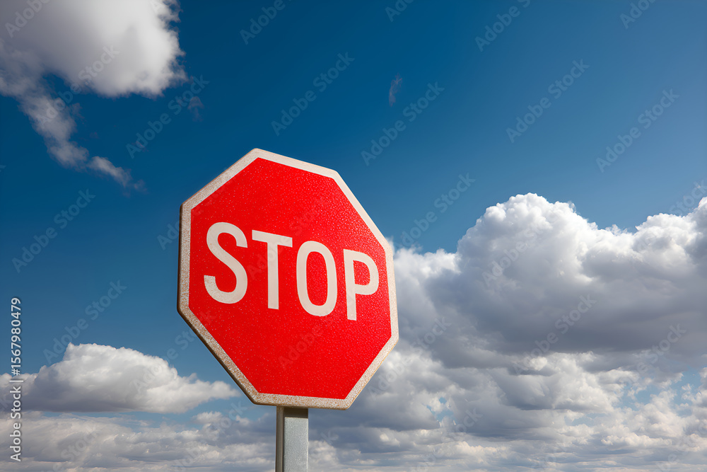 Stop sign standing under a cloudy blue sky Stop sign standing under a cloudy blue sky