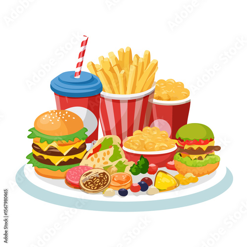 Assorted fast food platter with burgers, fries, and drinks.