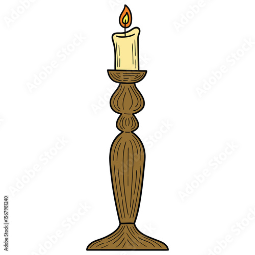 Hand drawn cartoon burning candle on a candlestick on white background.