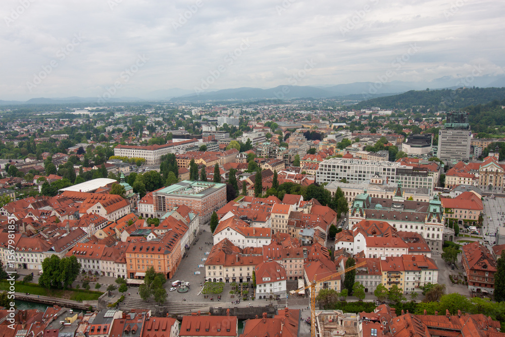 Obraz premium An expansive elevated view captures the cityscape of Ljubljana, on a cloudy day. Red-tiled rooftops dominate the foreground, showcasing the charming historic architecture of the old town