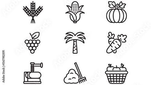 Farm Harvest Vector Icon Set Wheat, Corn, Pumpkin, Grapes, Palm, Carrot, Juicer, Apples