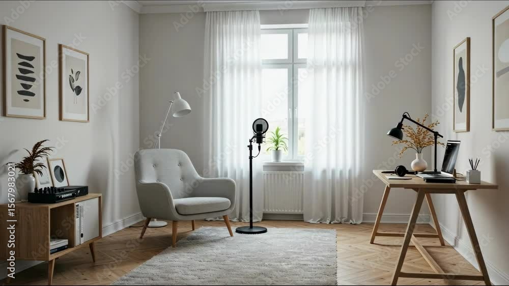 Cozy room interior with desk, chair, art and natural light