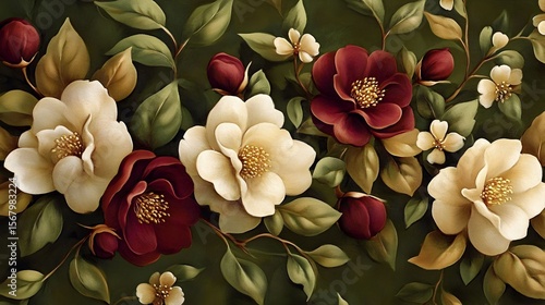 Floral botanical illustration with neutral and red flowers