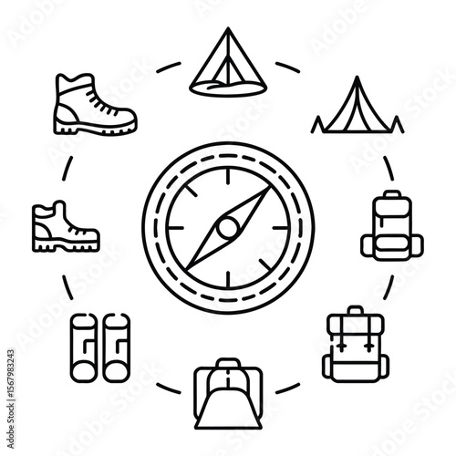 Hiking gear and compass illustration camping adventure