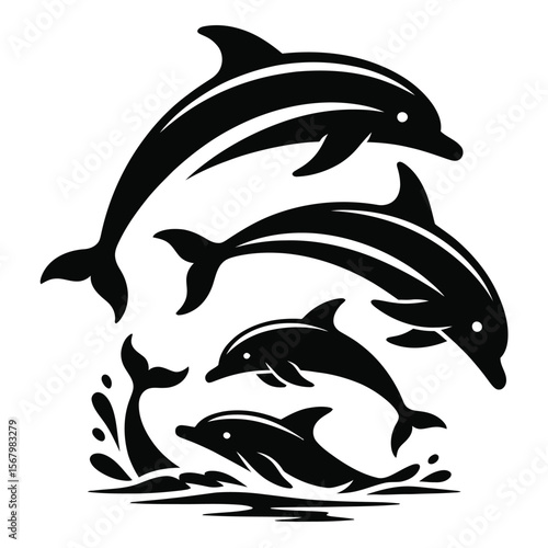 Leaping dolphins in black and white ocean water
