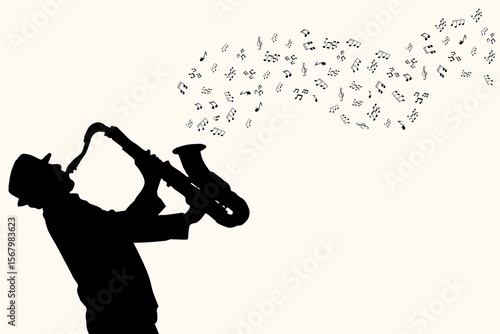 Photography A silhouette of a musician playing a trumpet, wearing a hat and vintage-style clothing
