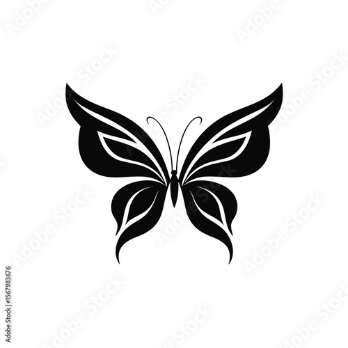Wallpaper Mural Elegant black butterfly design showcasing symmetrical wings, antennae, and distinct stylized patterns, set against a pristine white background. Torontodigital.ca
