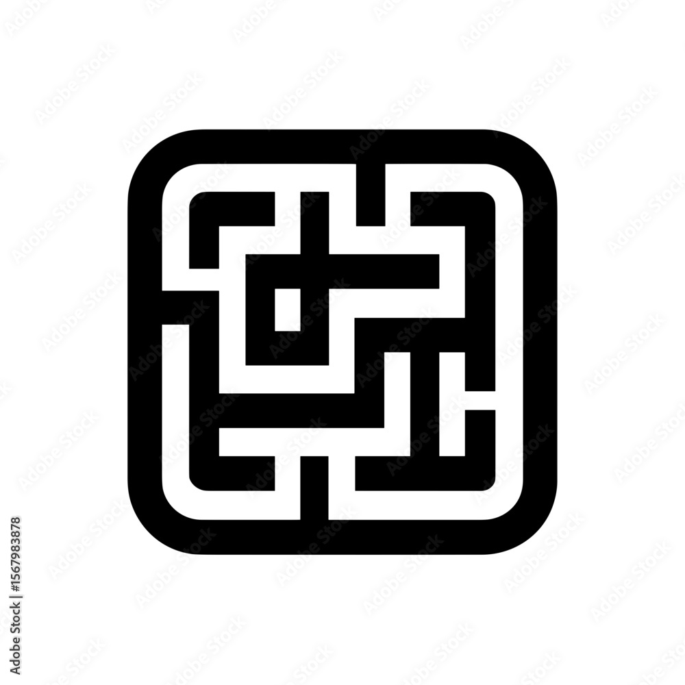 Obraz premium A geometric, black and white illustration of a complex maze set within a rounded square, challenges viewers with its intricate pathways.