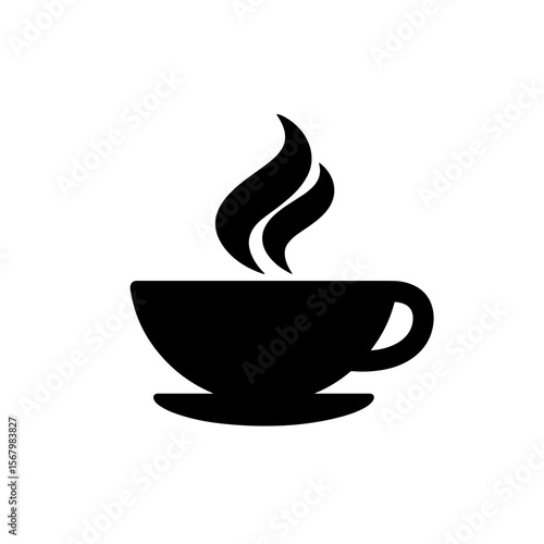 Minimalist black and white coffee cup icon with steam rising, symbolizing comfort, warmth, and a moment of relaxation, graphic design.