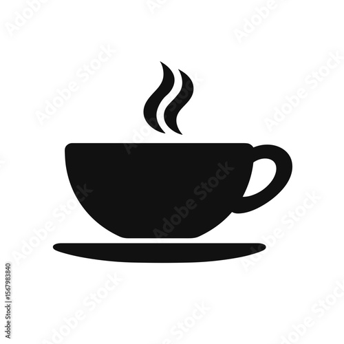 Silhouette of a teacup on a saucer, complete with emanating steam, suggesting warmth and a soothing beverage against a white backdrop.  