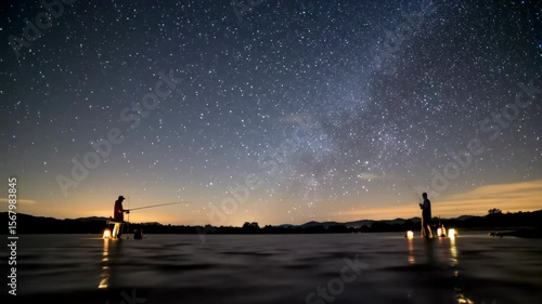 Anglers enjoy night fishing under starry sky reflection in calm water.