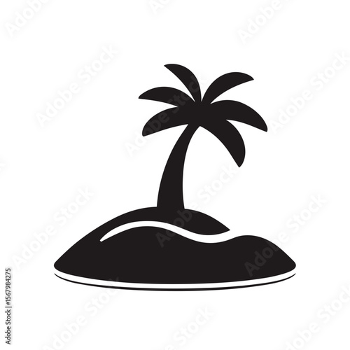 A minimalist graphic depicts a tropical island with a solitary palm tree, rendered in a simple, bold black silhouette against a white backdrop.
